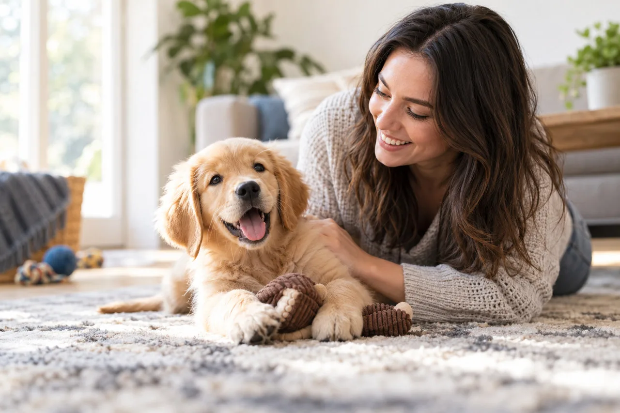 Owner with a dog at home