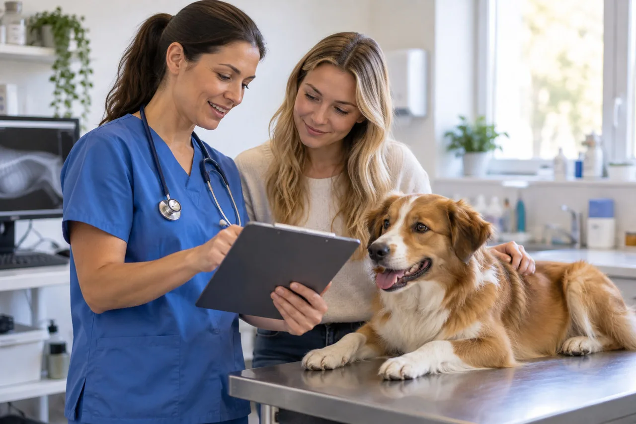 Veterinary professional discussing a dog’s care with its owner